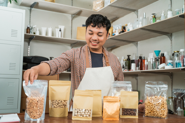 Choosing the right food packaging a man standing and packing different types of packaging