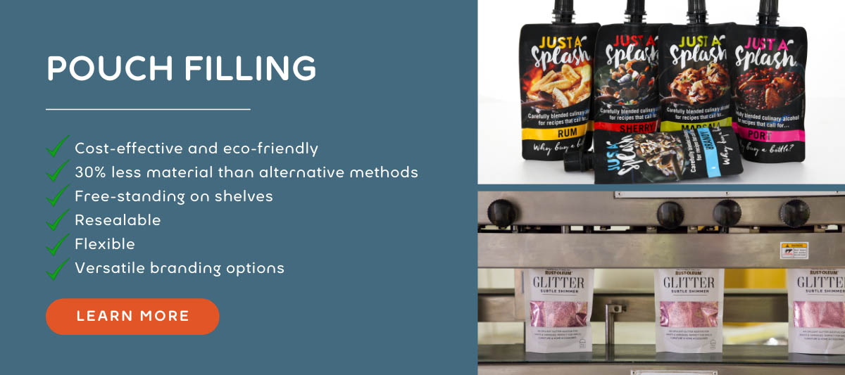 benefits of pouch filling, with 2 images to the right of products