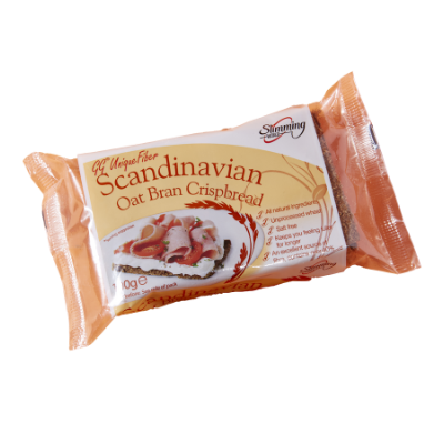 Scandinavian oat bran crispbread food that is packed using flow wrapping
