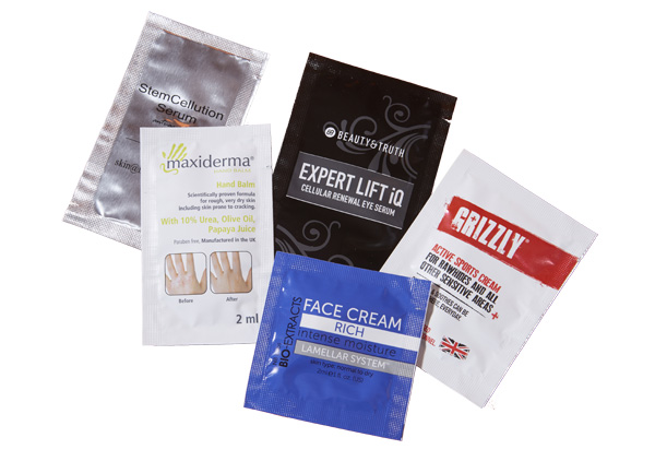 sachet products lying on top of each other